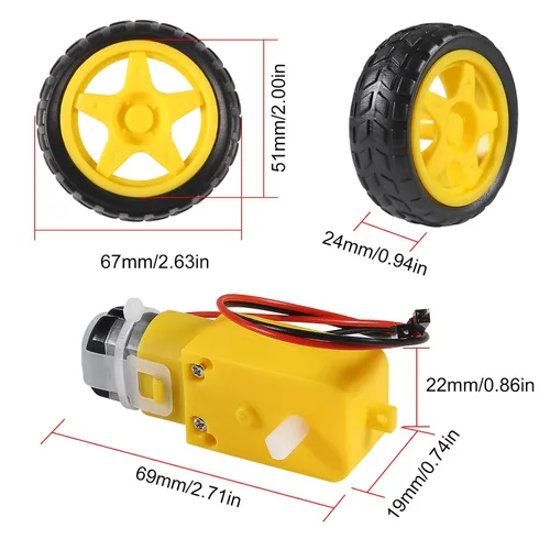 Vista 2 de Motor TT de 4 piezas DC 3-6 V Motor de caja de cambios de doble eje 200RPM relación 1:48 motor con kit de rueda de neumáticos para Arduino DIY Smart