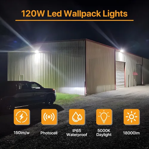 Vista 2 de Paquete de luz LED de pared de 120 W con fotocélula del atardecer al amanecer, 18,000 lm (150 LM/W) luz de inundación para montaje en pared al aire