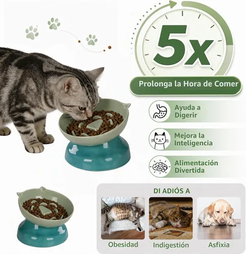 Vista 3 de Cuenco de cerámica para gatos de alimentación lenta Verde