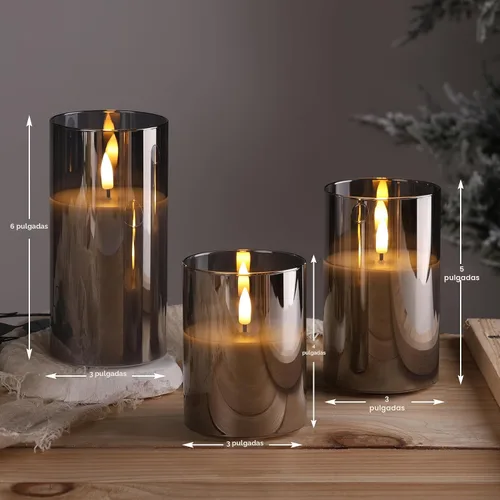 Vista 2 de Eywamage Juego de 3 velas LED sin llama de cristal gris ahumado con control remoto, parpadeantes que funcionan