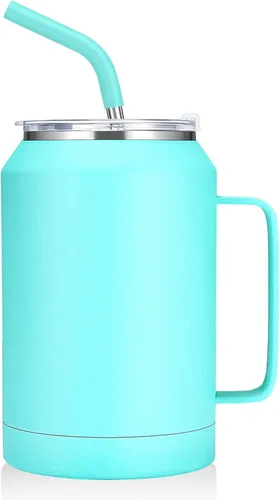 Vista 14 de zenbo - Vaso de acero inoxidable aislado al vacío con asa, tapa y popote, mantiene las bebidas frías hasta 36 horas, cuerpo a prueba de sudor, apto