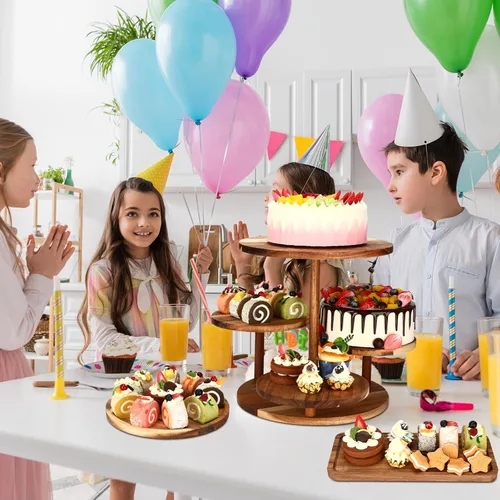 Vista 6 de Hushee Juego de 4 soportes redondos de madera para cupcakes con bandejas para servir, bandeja de madera de 4 niveles para pasteles con 1 plato