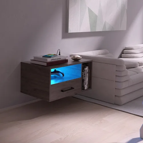 Vista 7 de Mesita de noche flotante con estación de carga y tiras de luz LED, mesita de noche de 21.3 pulgadas con cajones, mesita de noche flotante