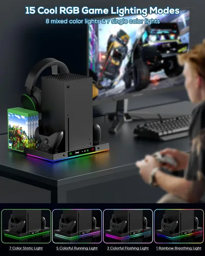Vista 5 de MENEEA Upgraded Cooling Fan Charging Station for Xbox Series X Console & Controller, Dual Charger Dock & Cooler System Stand with 15 Colorful Lights
