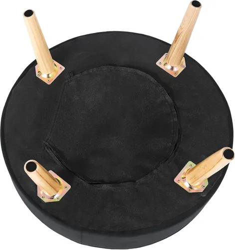 Vista 4 de Adeco Otomana redonda pequeña, otomana tapizada de terciopelo, con botones, reposapiés, asiento acolchado con patas de madera, moderno reposapiés