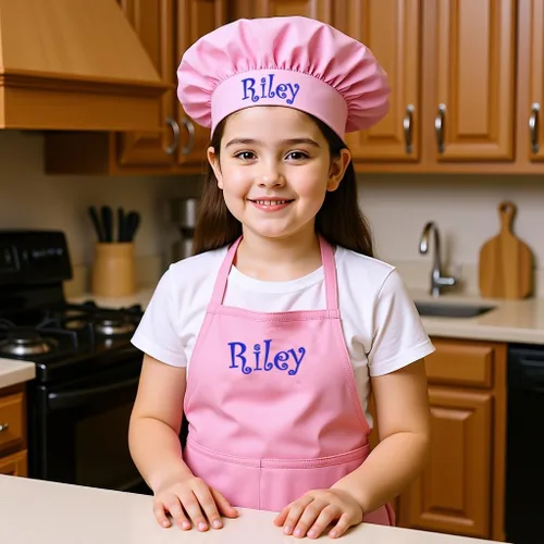 Vista 4 de Delantal bordado personalizado y sombrero de chef para niños y niñas, regalo divertido en la cocina (añade un juego de nombre, largo con sombrero)