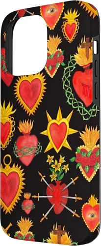 Vista 2 de iPhone 14 Pro Max Hearts Mexican Days of the Dead Latina Milagros Folk Art Fun Case