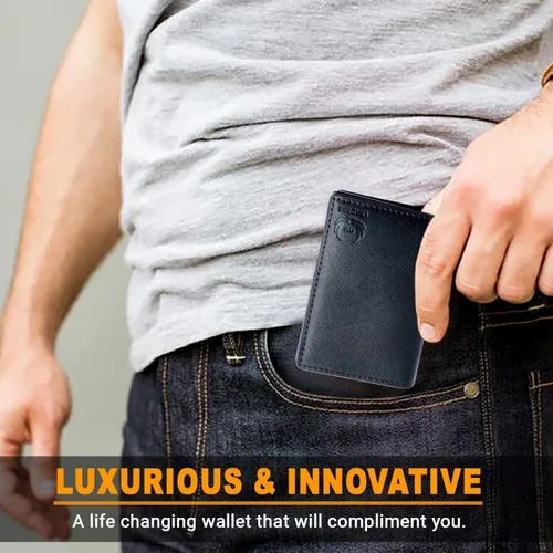 Vista 7 de Cartera delgada con bloqueo RFID, cartera de cuero con bloqueo RFID, billetera desplegable automática, billetera triple de aluminio, cartera