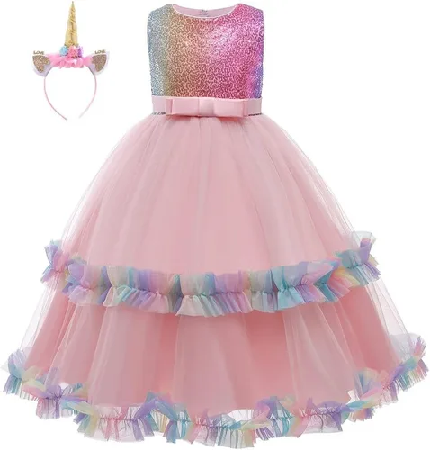 Vista 16 de Vestido de tul de unicornio arcoíris para niñas, vestido de princesa para cumpleaños, Halloween, Navidad, concurso de baile, fiesta de baile