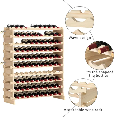 Vista 4 de soges Estante de vino para 100 botellas, estante apilable de almacenamiento de vino de 10 niveles, estantes de exhibición de vino, estante de vino