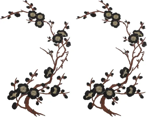 Vista 20 de MECCANIXITY 2 piezas de parches termoadhesivos de flor de ciruelo, apliques de bordado de flores para coser, apliques de decoración para agujeros