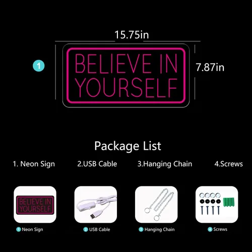 Vista 6 de Letrero de neón con texto en inglés "Believe in Yourself", para decoración de pared de habitación, tallado en 3D, luz LED, luz rosa, funciona