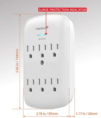 Vista 6 de Fosmon Protector de sobretensiones de montaje en pared de 6 tomas, supresión de sobretensiones de 3 clavijas, 1200 julios, 15 A, 125 VCA, 60 Hz