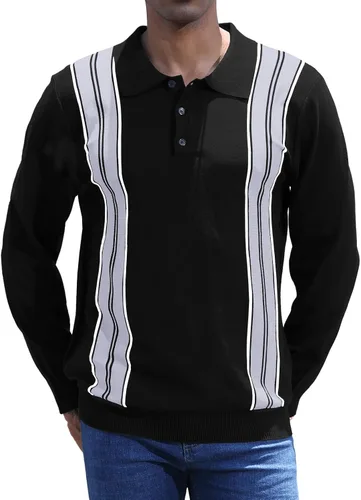 Vista 6 de CTU Camisas polo de manga larga a rayas vintage para hombre, camisas de golf