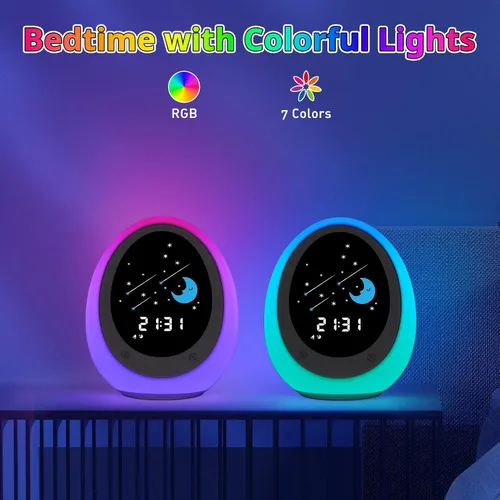 Vista 5 de Reloj Despertador para Niños, Reloj de Entrenamiento del Sueño para Niños Pequeños con Sol y Luna, Máquina de Sonidos, Luz Nocturna, Reloj