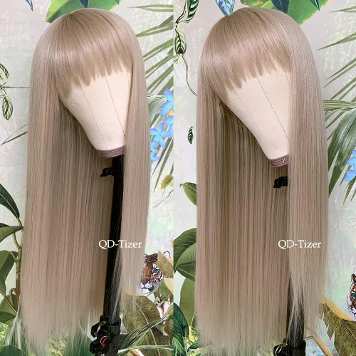 Vista 3 de QD-Tizer Pelucas sintéticas de color rubio ceniza con flequillo, pelucas de cabello largo y lacio, sin pegamento, pelucas sintéticas sin encaje