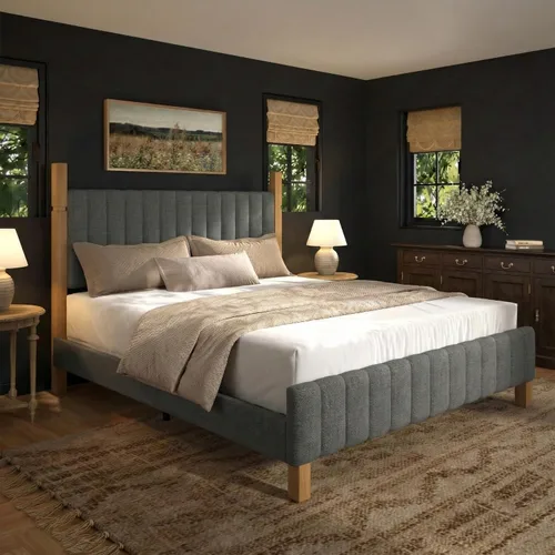Vista 10 de Yechen Marco de cama de madera de tamaño matrimonial con cabecero, postes de madera maciza y plataforma de pies, no necesita somier, lino beige