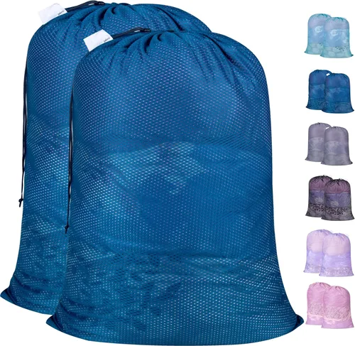 Vista 21 de Polecasa Bolsas de lavandería grandes de malla de diamante extra resistentes con cierre de cordón y etiqueta de identificación, bolsa