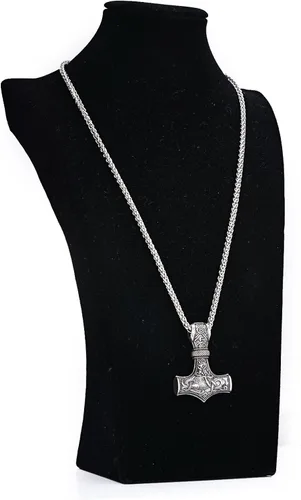 Vista 2 de LANGHONG Collar de martillo vikingo, con cuerno de Dios, joyería de talismán Mjolnir