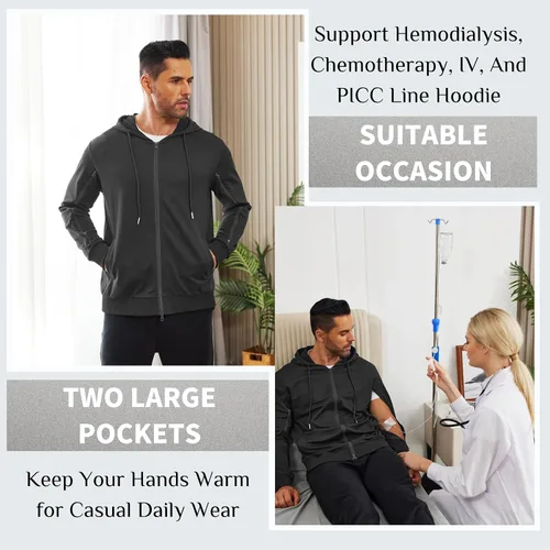 Vista 3 de Deyeek Sudaderas de diálisis con cremallera en el brazo, sudaderas con capucha y cremallera completa, chaqueta ligera de algodón de hemodiálisis