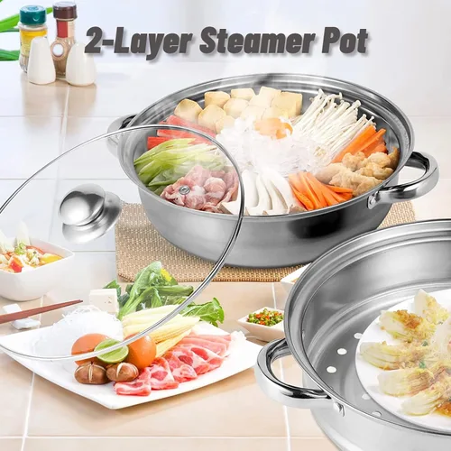 Vista 3 de Olla de vapor de 2 capas, olla doble caldera, olla de cocina de acero inoxidable con tapa de vidrio templado y asas dobles, funciona con horno