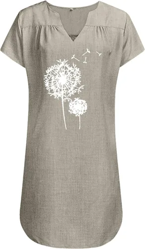 Vista 4 de Vestidos de verano para mujer, estampado de diente de león, manga corta, cuello en V, suelto, de algodón, lino, vestidos de otoño