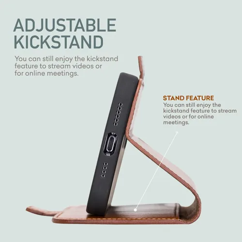 Vista 3 de Bayelon Funda para iPhone 13 Pro Max, funda de piel de grano completo, funda magnética con ranuras para tarjetas, función atril (bronceado rústico)