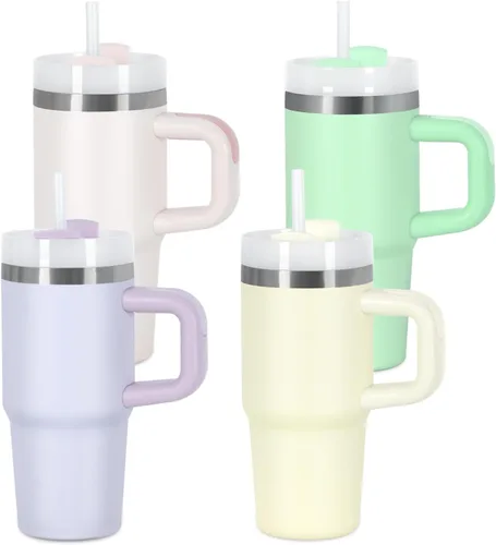 Vista 11 de Muwnrol Vaso de 14 onzas con asa y popote para niños, vaso de acero inoxidable aislado al vacío que mantiene el frío, el calor y el hielo, regalos