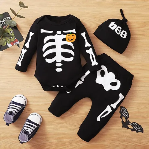 Vista 4 de Shalofer Ropa de Halloween para bebé niño, traje de esqueleto de Halloween