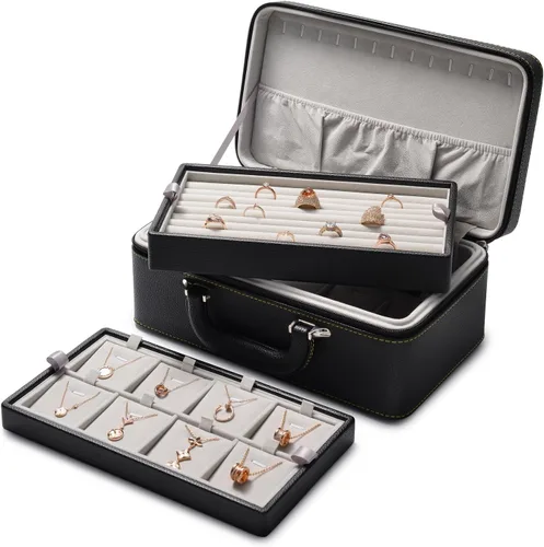 Vista 8 de Oirlv Joyero de cuero negro hecho a mano, organizador de joyas de viaje, estuche de almacenamiento para niñas, aretes, anillos, collares, colgantes