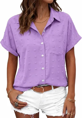 Vista 21 de Beautife Camisas con botones para mujer, blusas de manga corta Albaricoque