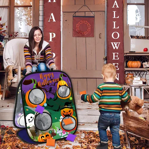 Vista 3 de Juegos de Halloween para fiesta de niños, juegos de lanzamiento de bolsas de calabaza fantasma, juegos de fiesta de Halloween, juegos de carnaval