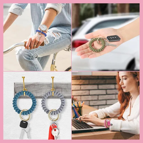 Vista 9 de 6 pulseras elásticas con llavero de muñeca, pulsera flexible en espiral de resorte, pulsera de muñeca con espiral flexible, soporte para llaves