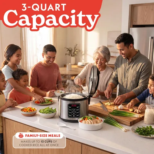 Vista 5 de Arrocera Gourmia – Capacidad de 3 Qt, 12 tazas cocidas, 6 tazas sin cocinar, controles digitales, cocedor de granos y vaporera, cesta de vapor