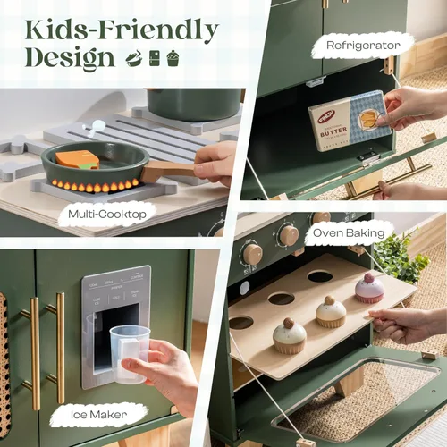 Vista 3 de ROBOTIME Juego de cocina con nevera de juguete, horno de juguete, juego de cocina de madera para niños, juego de cocina de juguete para niños de 3 4