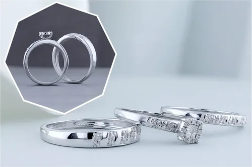 Vista 3 de Dazzlingrock Collection Round White Diamond Halo Illusion Wedding Trio Ring Set For Men Women 010 ctw Color I-J Clarity I2-I3 in 925 Sterling Silver