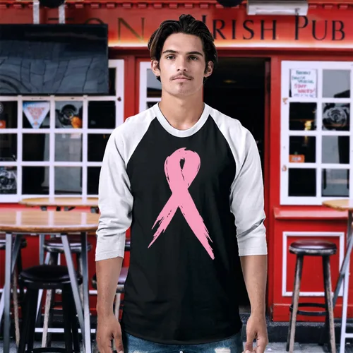 Vista 3 de shop4ever Camiseta de béisbol raglán rosa de concientización sobre el cáncer de mama Negro/Blanco