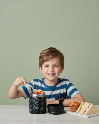 Vista 4 de Termo de sopa de 10 onzas para comida caliente para niños, tarro de comida aislado con cuchara boca ancha, recipiente de almuerzo de acero