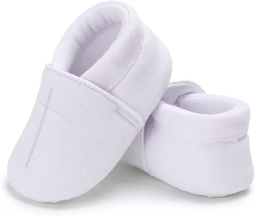 Vista 6 de KESICI Zapatos de bautismo para bebés niños y niñas, zapatos de bautizo blancos para recién nacidos con cruz bordada para bebés niños y niñas