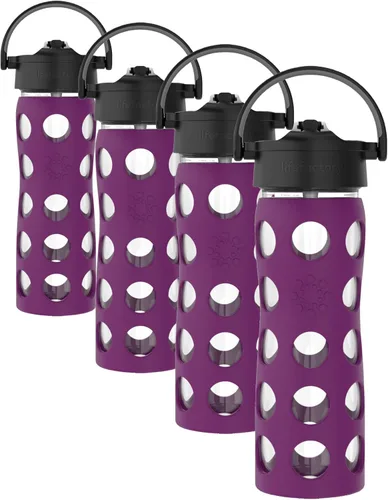 Vista 6 de Lifefactory - Botella de agua de vidrio de 16 onzas con tapa de pajita, color ciruela Funda protectora de silicona, tapa de pajita, asa