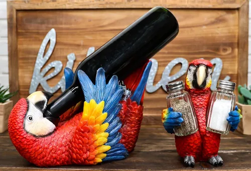 Vista 2 de Ebros Gift Paquete de 2 saleros y pimenteros con diseño de selva tropical de río rojo escarlata, guacamayo, pájaro, salero y pimentero y botellero