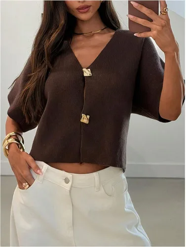 Vista 3 de SOLY HUX Cárdigan de manga corta con cuello en V para mujer marrón (Plain Brown)