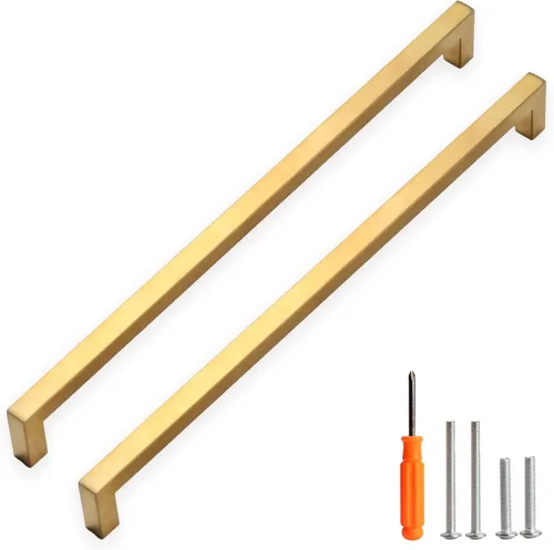Vista 10 de Tiradores para gabinete dorados, manijas cuadradas para cajones, paquete de 2, manijas de acero inoxidable para cocina de 13-4/5 pulgadas, herrajes