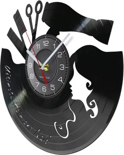 Vista 2 de Reloj de pared de 11.8 in con peine y tijeras, secador de pelo, salón de belleza, reloj de pared para peluquería, reloj de vinilo vintage, letrero