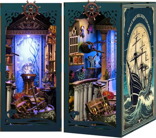Vista 8 de Kit de rincón de libros de bricolaje: estante de rompecabezas de madera 3D con luz LED, decoración de sujetalibros en miniatura para adultos