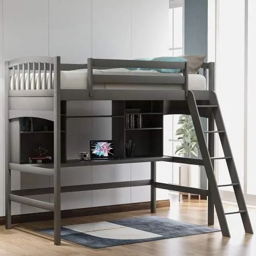 Vista 8 de Mera Cama tipo loft individual con escritorio, cama tipo loft de madera maciza con estantes (expreso)