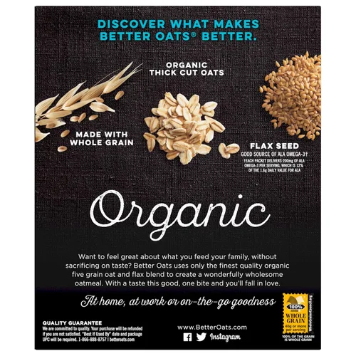 Vista 5 de Better Oats Bare Organic - Paquetes de cereales calientes multigrano, avena instantánea, textura gruesa y abundante, orgánico USDA, caja de 8 bolsas