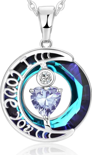 Vista 38 de Collares de cristal para mujer, regalos para aniversario de esposa, regalos de cumpleaños para mujeres, collar de zafiro azul con la frase "I Love