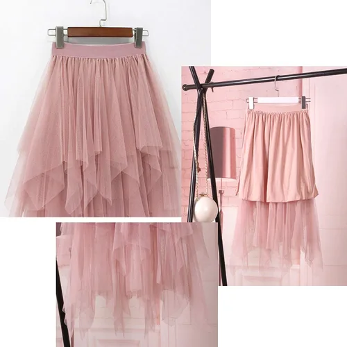 Vista 2 de LBKKC - Falda de tul para mujer, diseño formal, largo asimétrico por debajo de la rodilla, pretina elástica, faldas de hadas tipo tutú escalonadas
