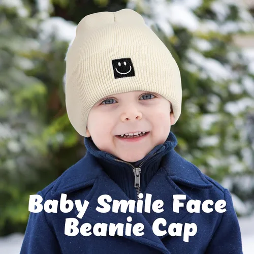 Vista 2 de Mepase Gorro de punto con cara sonriente para bebé, 3 unidades, para niños pequeños, gorro de invierno suave bordado con cara sonriente